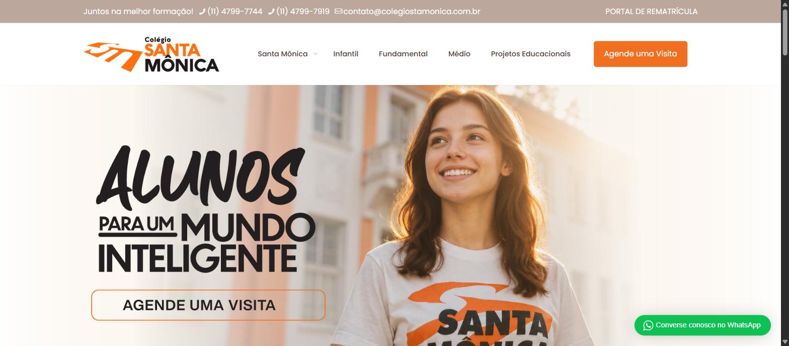 Primeira tela do site do Colégio Santa Mônica, com a frase 